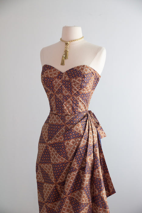Sensuous 1950's Pauline Lake Hawaiian Cotton Batik Strapless Sarong Dress / S