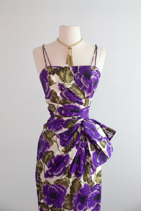 Glamorous 1950's Silk Cocktail Dress With Luscious Purple Blooms / S