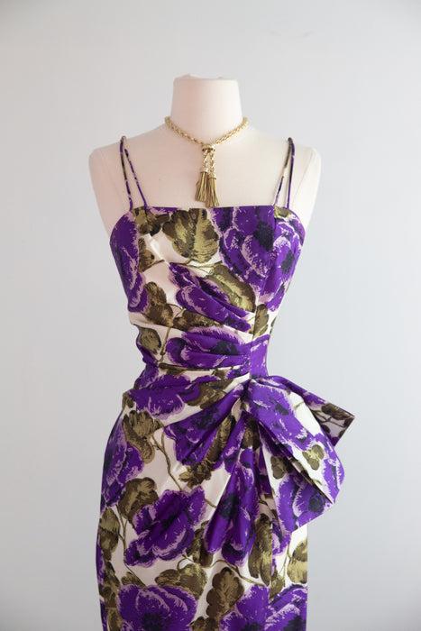Glamorous 1950's Silk Cocktail Dress With Luscious Purple Blooms / S