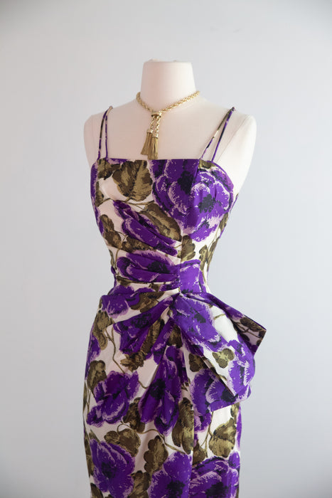 Glamorous 1950's Silk Cocktail Dress With Luscious Purple Blooms / S