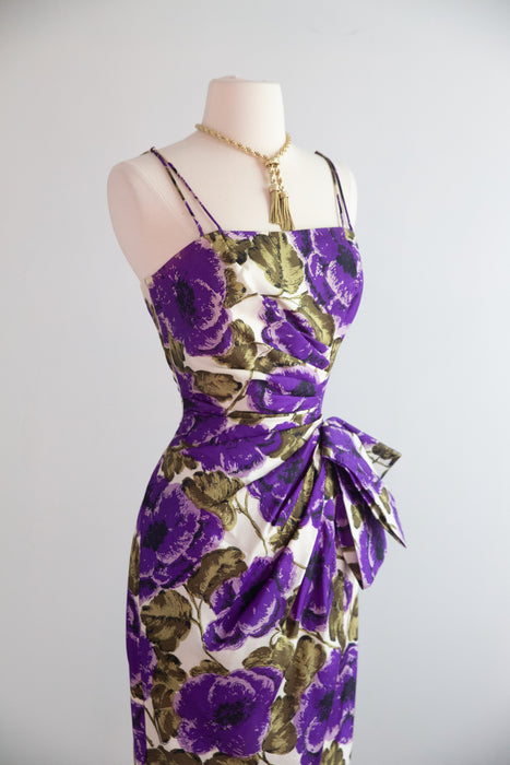 Glamorous 1950's Silk Cocktail Dress With Luscious Purple Blooms / S