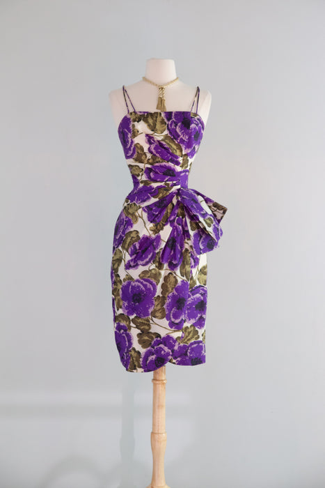 Glamorous 1950's Silk Cocktail Dress With Luscious Purple Blooms / S