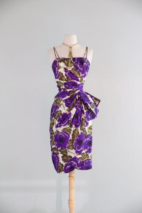 Glamorous 1950's Silk Cocktail Dress With Luscious Purple Blooms / S