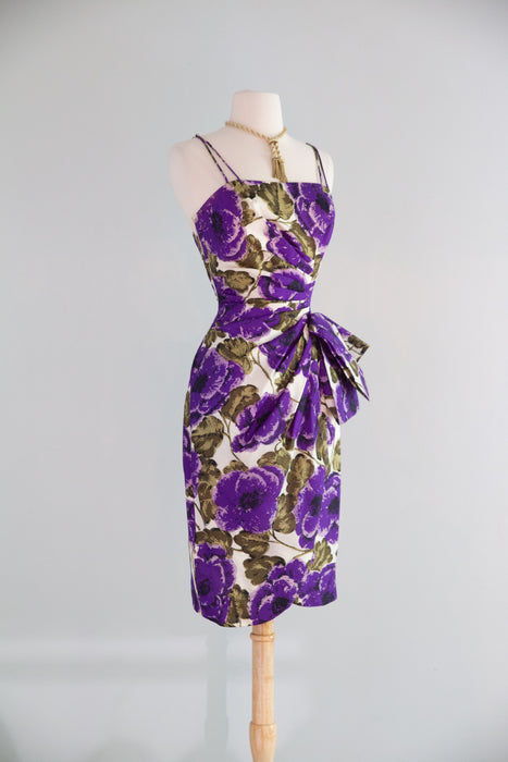 Glamorous 1950's Silk Cocktail Dress With Luscious Purple Blooms / S