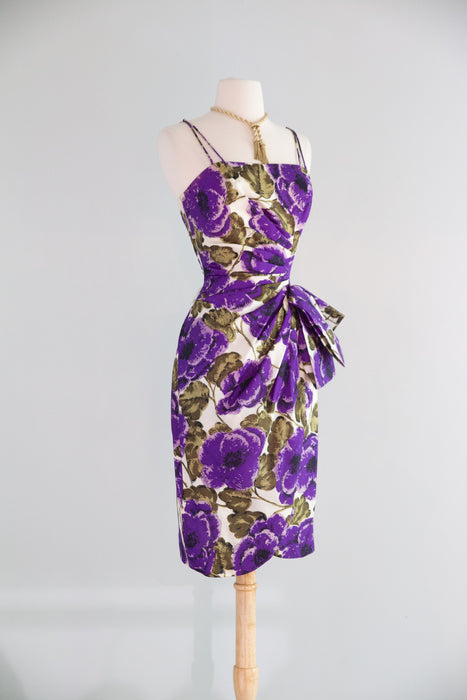 Glamorous 1950's Silk Cocktail Dress With Luscious Purple Blooms / S