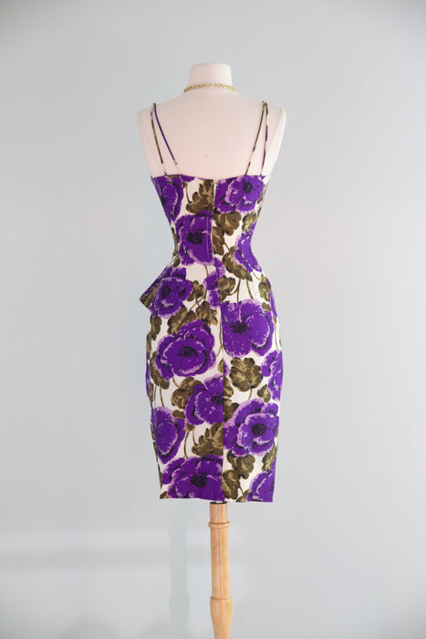 Glamorous 1950's Silk Cocktail Dress With Luscious Purple Blooms / S