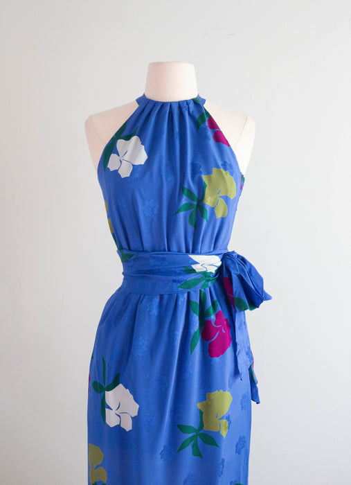 Gorgeous 1970's Nina Ricci Cobalt Blue Silk Floral Print Halter Dress / XS