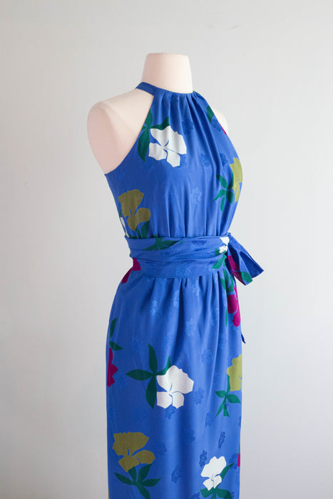 Gorgeous 1970's Nina Ricci Cobalt Blue Silk Floral Print Halter Dress / XS