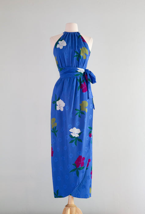 Gorgeous 1970's Nina Ricci Cobalt Blue Silk Floral Print Halter Dress / XS