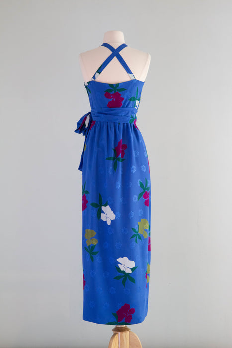 Gorgeous 1970's Nina Ricci Cobalt Blue Silk Floral Print Halter Dress Xtabay Vintage Gorgeous 1970's Nina Ricci Cobalt Blue Silk Floral Print Halter Dress Xtabay Vintage