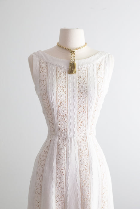 Darling Late 1950's Ivory Linen and Lace Dress by Carlye / S