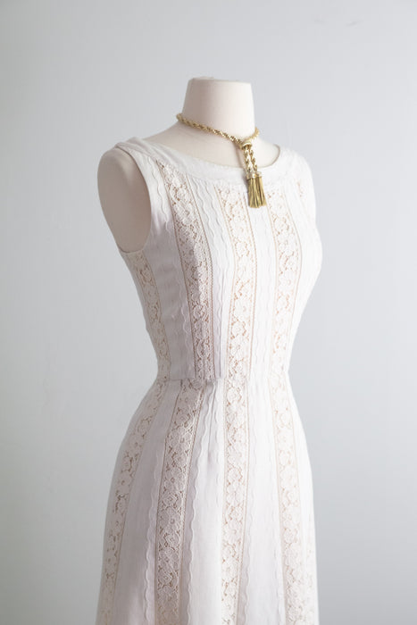 Darling Late 1950's Ivory Linen and Lace Dress by Carlye / S
