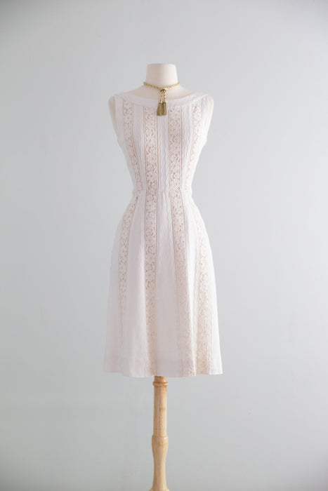 Darling Late 1950's Ivory Linen and Lace Dress by Carlye / S