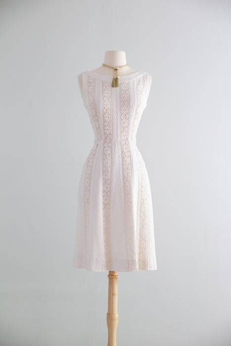 Darling Late 1950's Ivory Linen and Lace Dress by Carlye / S