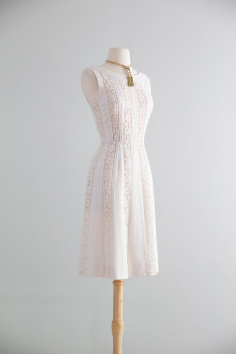 Darling Late 1950's Ivory Linen and Lace Dress by Carlye / S