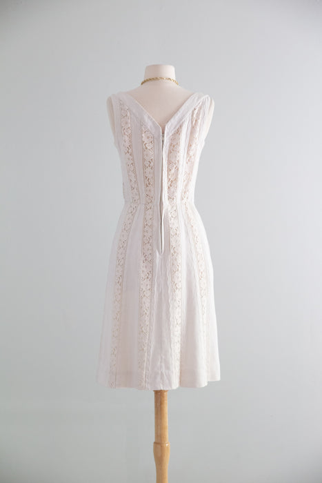 Darling Late 1950's Ivory Linen and Lace Dress by Carlye / S