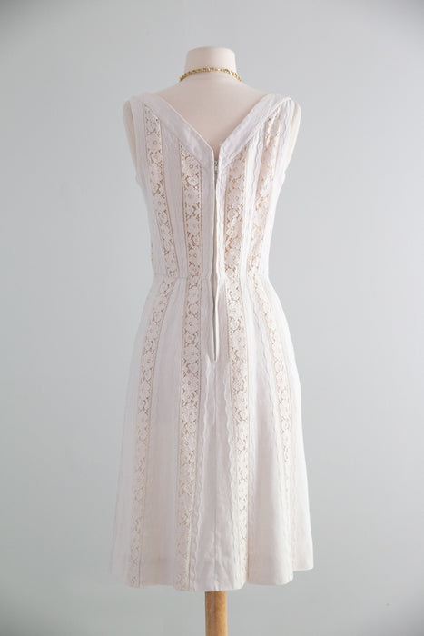 Darling Late 1950's Ivory Linen and Lace Dress by Carlye / S