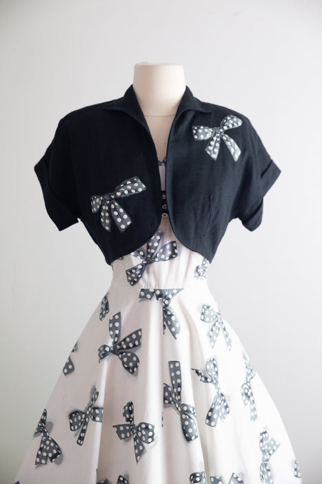 Darling Early 1950's NOS Polka Dots & Bows Print Cotton Dress & Jacket / XS
