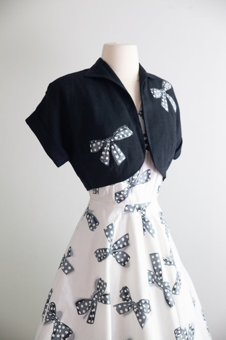 Darling Early 1950's NOS Polka Dots & Bows Print Cotton Dress & Jacket / XS