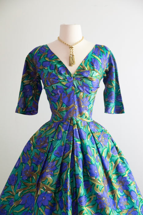 Stunning 1950's Impressionist Silk Floral Print Dress From Bergdorf Goodman / S