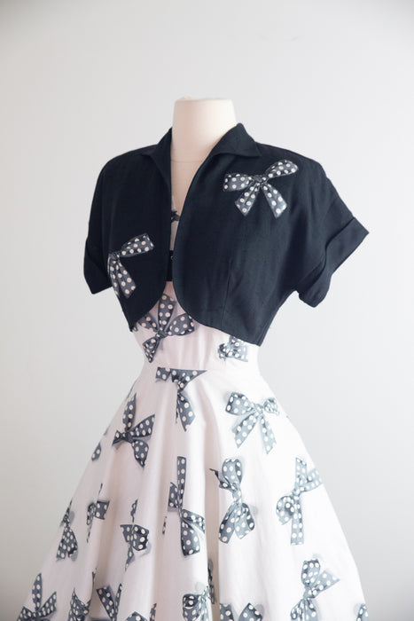 Darling Early 1950's NOS Polka Dots & Bows Print Cotton Dress & Jacket / XS