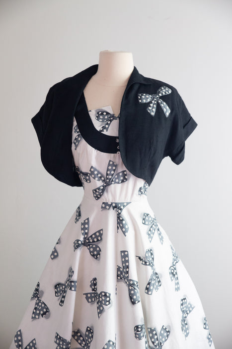 Darling Early 1950's NOS Polka Dots & Bows Print Cotton Dress & Jacket / XS