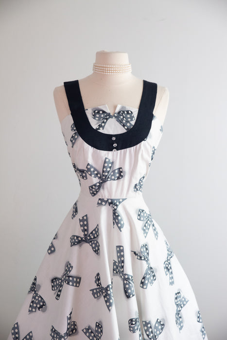 Darling Early 1950's NOS Polka Dots & Bows Print Cotton Dress & Jacket / XS