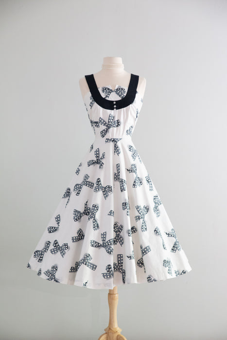 Darling Early 1950's NOS Polka Dots & Bows Print Cotton Dress & Jacket / XS