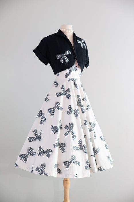 Darling Early 1950's NOS Polka Dots & Bows Print Cotton Dress & Jacket / XS