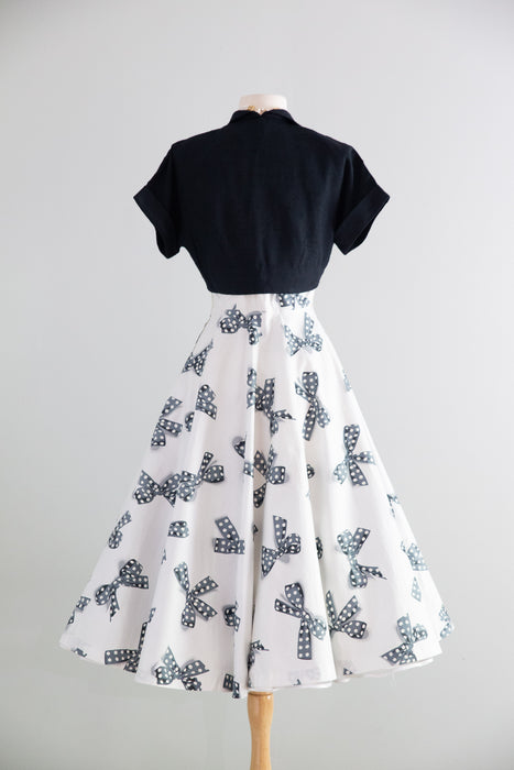 Darling Early 1950's NOS Polka Dots & Bows Print Cotton Dress & Jacket / XS