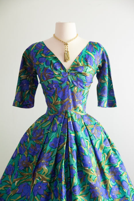 Stunning 1950's Impressionist Silk Floral Print Dress From Bergdorf Goodman / S
