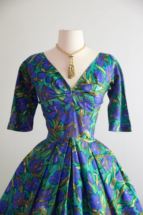 Stunning 1950's Impressionist Silk Floral Print Dress From Bergdorf Goodman / S