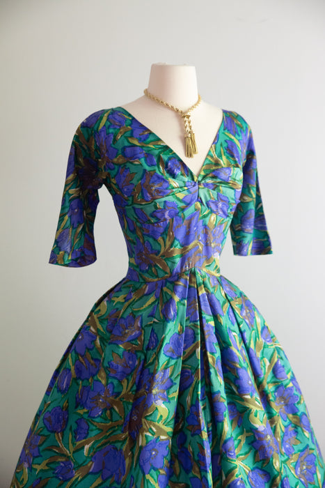 Stunning 1950's Impressionist Silk Floral Print Dress From Bergdorf Goodman / S