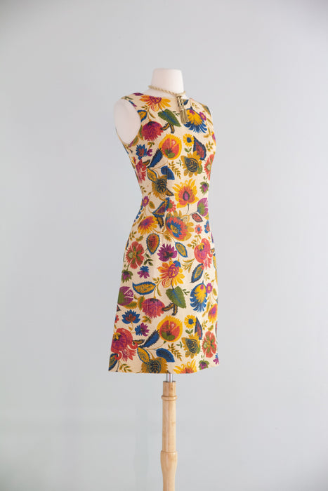 Charming 1960's Linen Print Shift Dress / SM