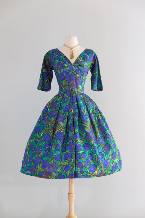 Stunning 1950's Impressionist Silk Floral Print Dress From Bergdorf Goodman / S