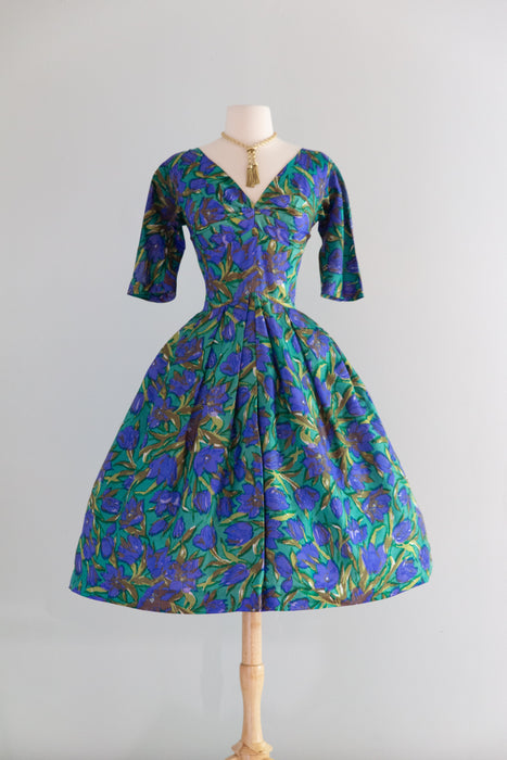Stunning 1950's Impressionist Silk Floral Print Dress From Bergdorf Goodman / S