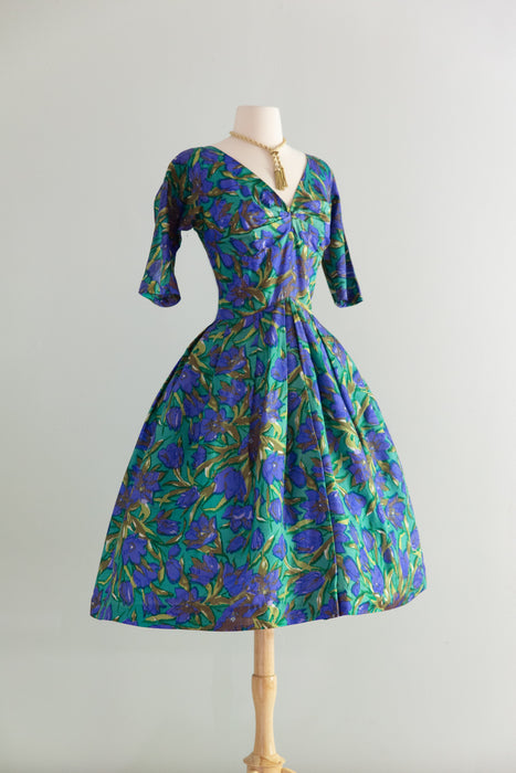 Stunning 1950's Impressionist Silk Floral Print Dress From Bergdorf Goodman / S