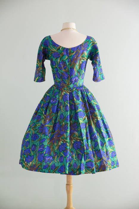 Stunning 1950's Impressionist Silk Floral Print Dress From Bergdorf Goodman / S