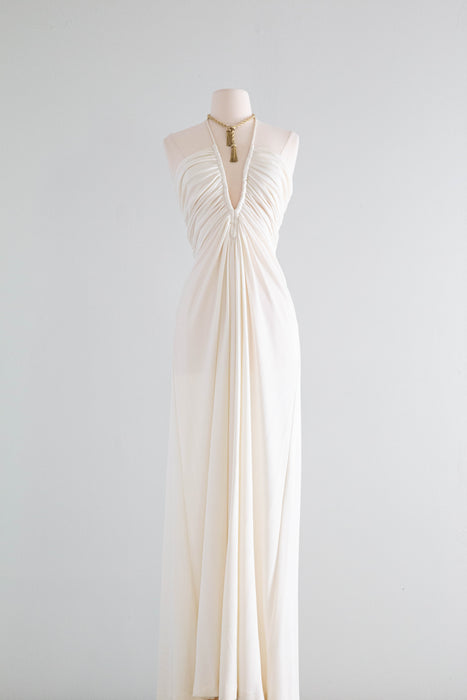 Sexy 1970's Ivory Halter Dress With Plunging Neckline / SM