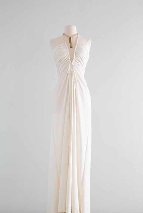 Sexy 1970's Ivory Halter Dress With Plunging Neckline / SM