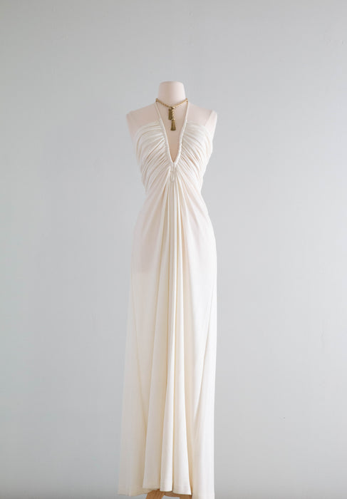 Sexy 1970's Ivory Halter Dress With Plunging Neckline / SM