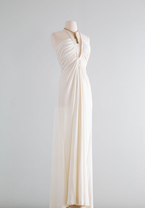 Sexy 1970's Ivory Halter Dress With Plunging Neckline / SM