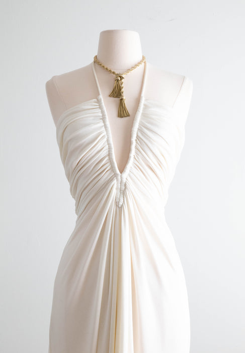 Sexy 1970's Ivory Halter Dress With Plunging Neckline / SM