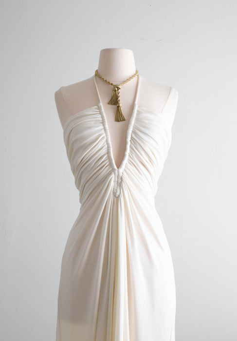 Sexy 1970's Ivory Halter Dress With Plunging Neckline / SM