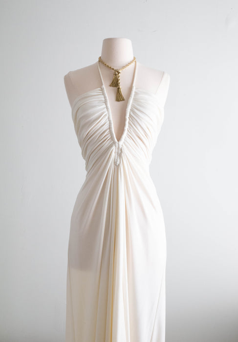 Sexy 1970's Ivory Halter Dress With Plunging Neckline / SM