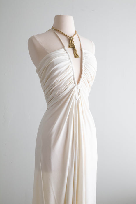 Sexy 1970's Ivory Halter Dress With Plunging Neckline / SM