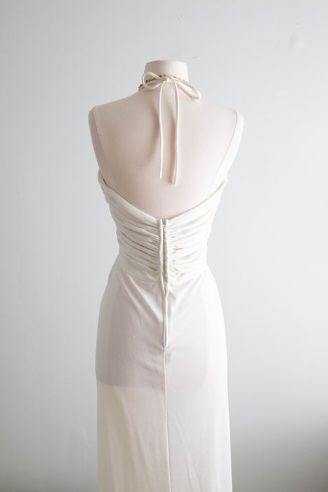 Sexy 1970's Ivory Halter Dress With Plunging Neckline / SM