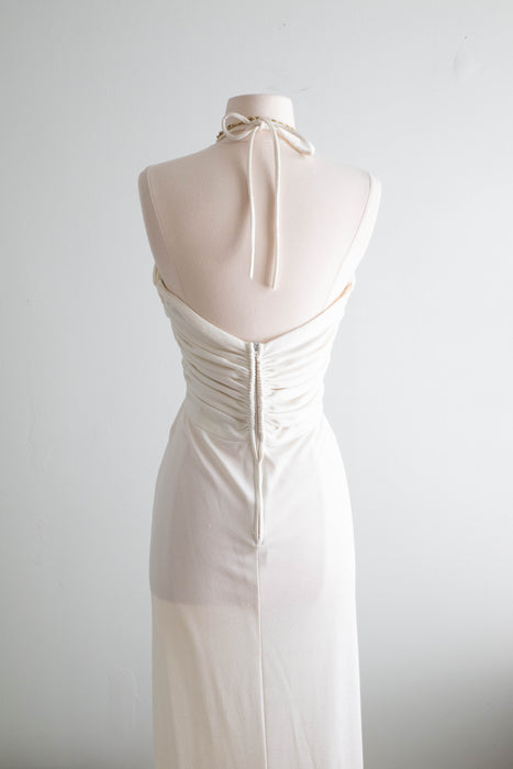 Sexy 1970's Ivory Halter Dress With Plunging Neckline / SM Xtabay Vintage Sexy 1970's Ivory Halter Dress With Plunging Neckline / SM Xtabay Vintage