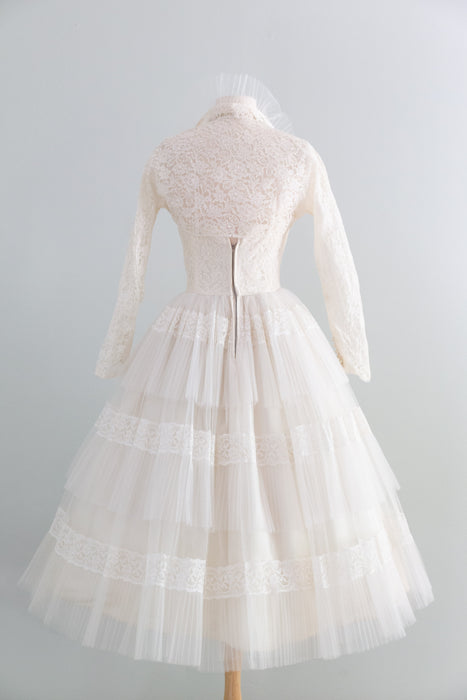 Heavenly 1950's Tea Length Wedding Dress in Pleated Tulle and Lace / XS