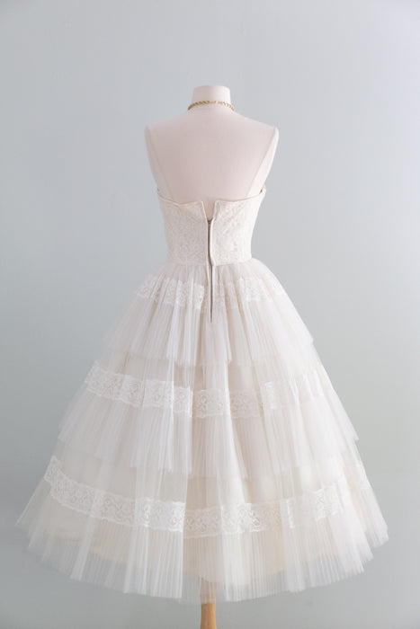 Heavenly 1950's Tea Length Wedding Dress in Pleated Tulle and Lace / XS